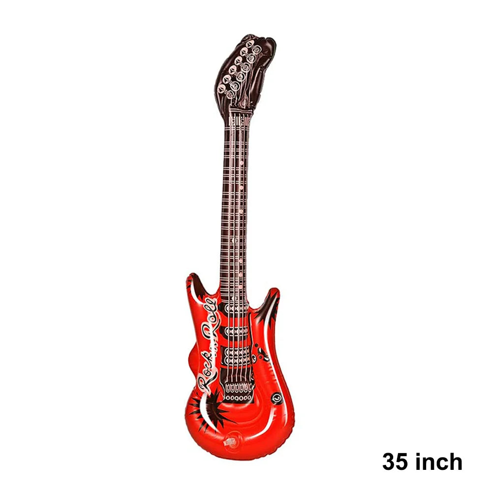 A vibrant red inflatable guitar rock electric with black accents and white lettering from inflatable instruments toy set including microphones radio 80s