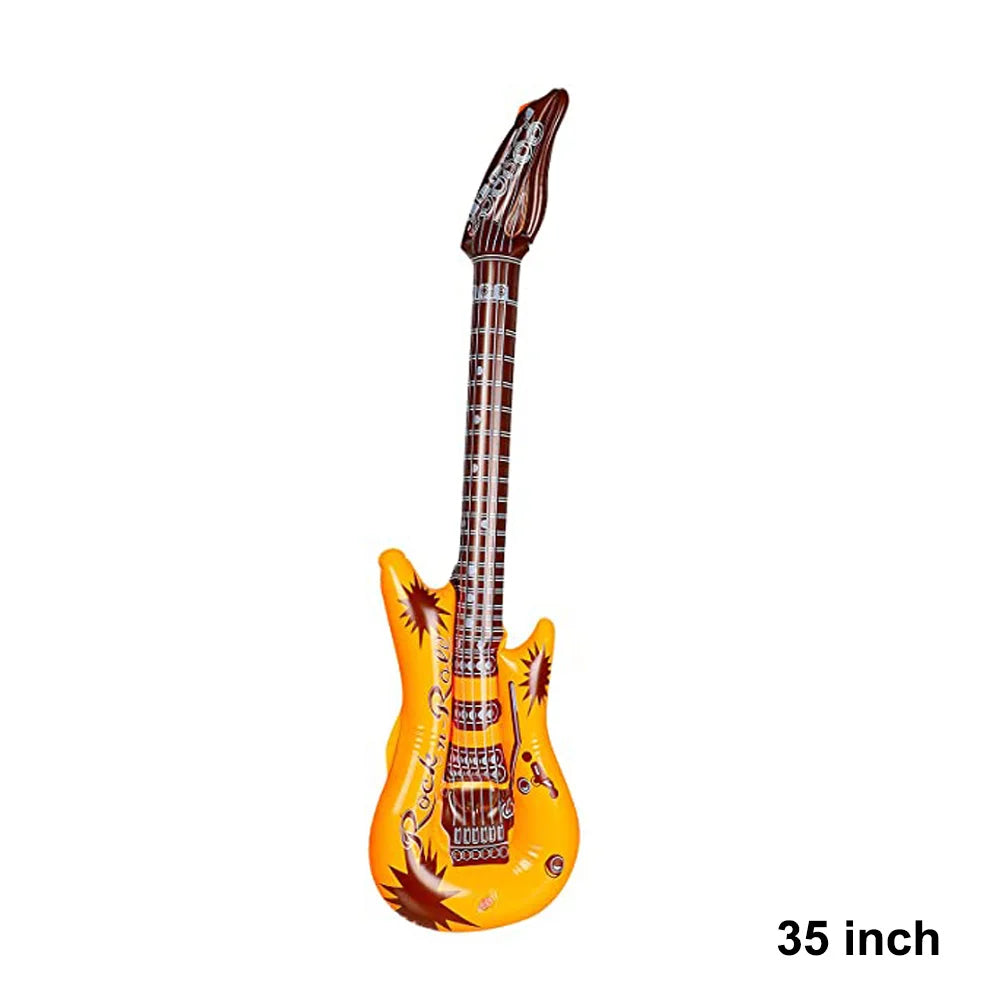 A vibrant yellow inflatable guitar rock electric with black flames and silver accents from inflatable instruments toy set