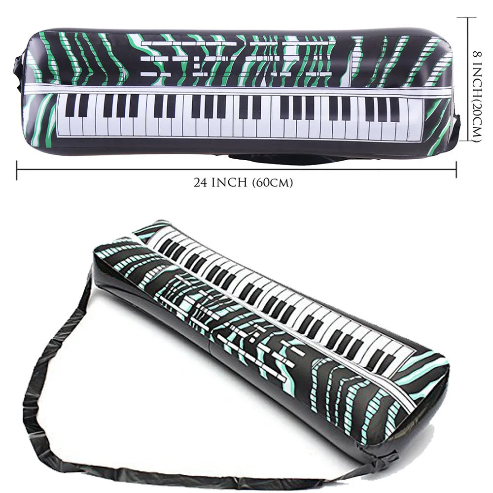 Inflatable keyboard pool float with black and green zebra stripes featuring white and black piano keys for inflatable instruments toy set including guitar rock electric and microphones radio 80s