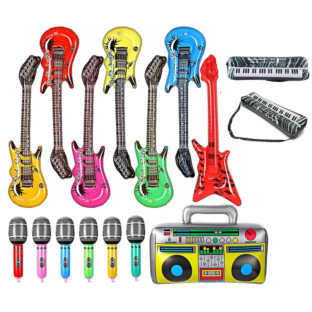 Inflatable instruments toy set with guitar rock electric and colorful inflatable microphones radio 80s party accessories