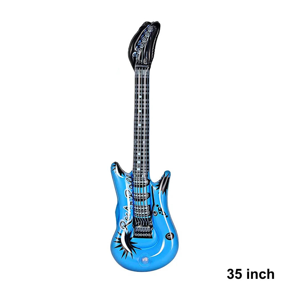 A vibrant blue inflatable guitar rock electric with black accents from inflatable instruments toy set including microphones radio 80s
