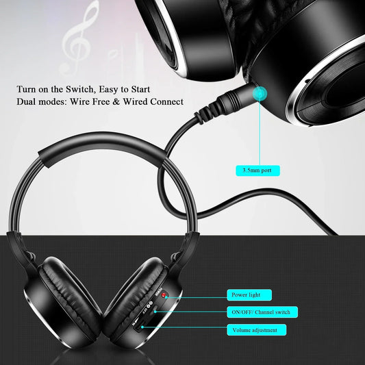 Black infrared stereo headset with over-ear design, 3.5mm jack, and control buttons for player two channels use