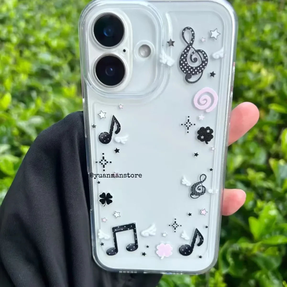 Clear phone case with black and pink musical notes stars and clovers back side for plus y2k creative cover kawaii phone case