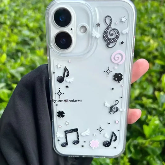 Clear phone case with black and pink musical notes stars and clovers back side for plus y2k creative cover kawaii phone case