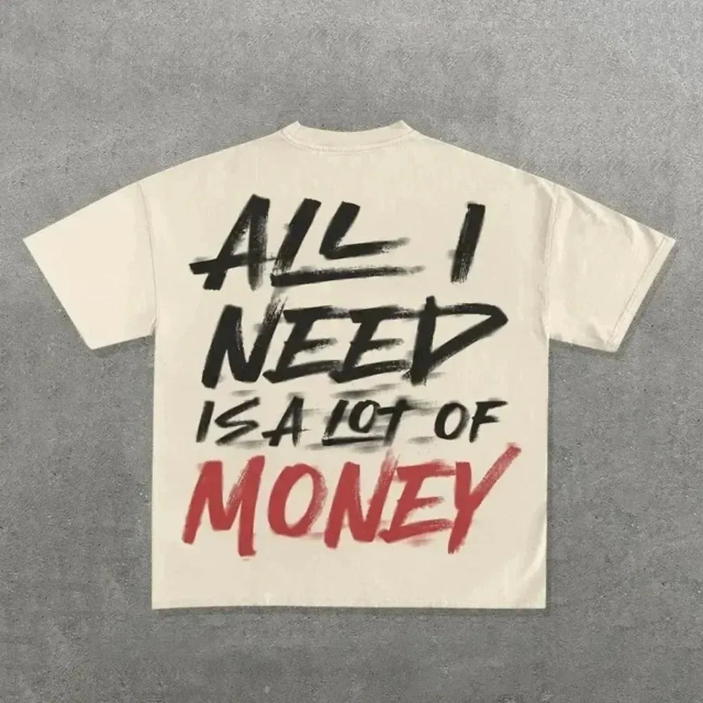 Cream-colored cotton ins streetwear y2k shirt mens harajuku with bold black and red hip hop graphic on the back