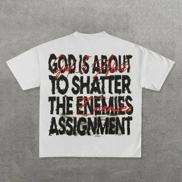 White short-sleeved cotton ins streetwear y2k t shirt mens harajuku hip hop graphic with bold black and red text