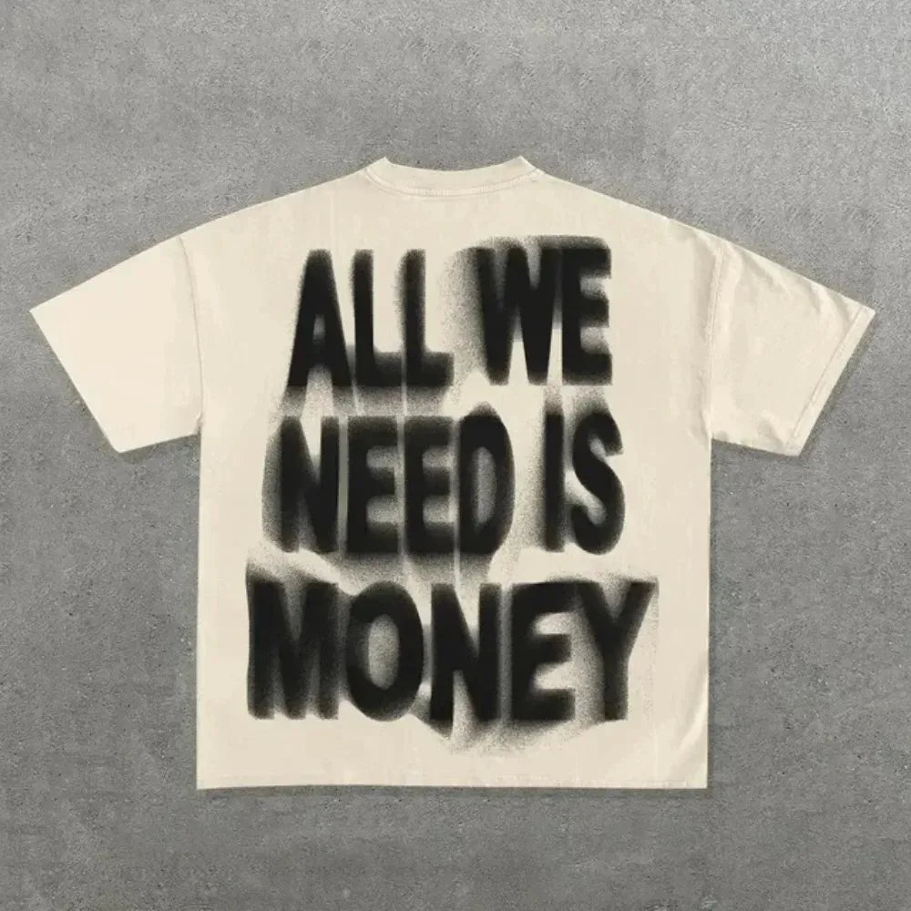 Cream-colored cotton ins streetwear y2k t shirt mens harajuku with bold black hip hop graphic on the back