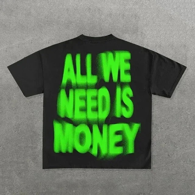 Black cotton ins streetwear y2k shirt mens harajuku hip hop graphic with bold neon green text on the back