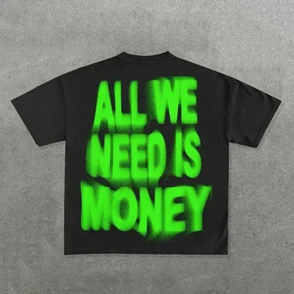 Black cotton ins streetwear y2k shirt mens harajuku hip hop graphic with bold neon green text on the back