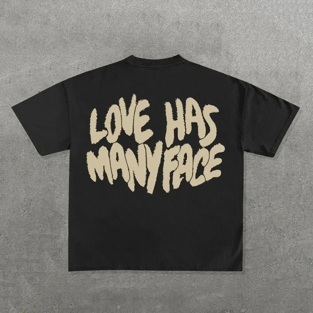 Black cotton ins streetwear y2k shirt mens harajuku with cream textured love has many face hip hop graphic on back