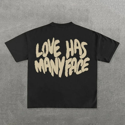 Black cotton ins streetwear y2k shirt mens harajuku with cream textured love has many face hip hop graphic on back