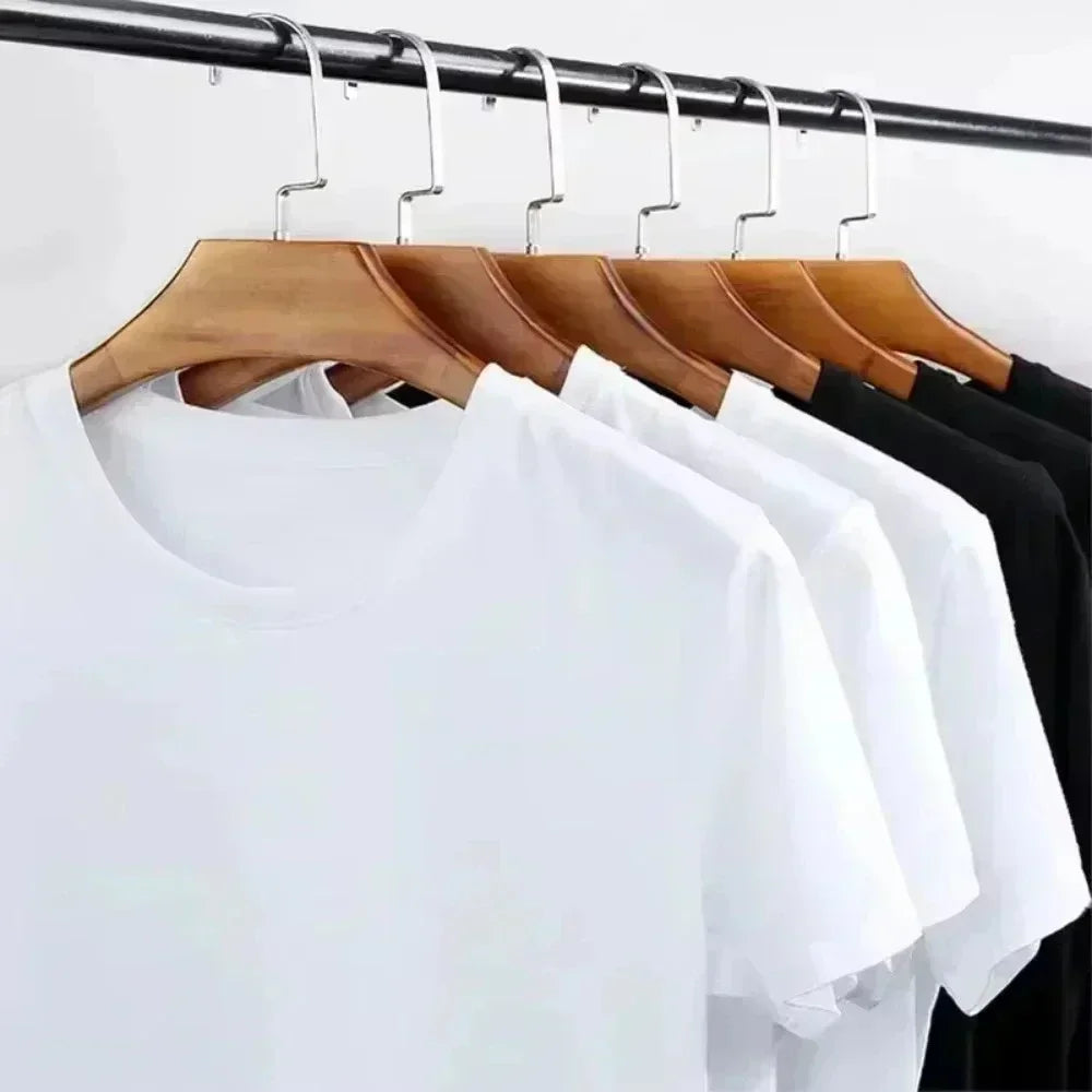 White cotton ins streetwear y2k t shirts hanging on wooden hangers for mens harajuku hip hop graphic style