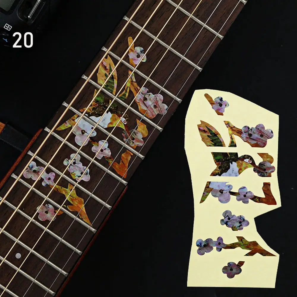 A set of ultra thin stickers cross inlay fretboard sticker guitarra with floral pastel designs on light beige backing