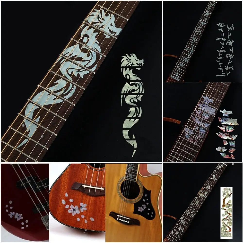 A decorative mother-of-pearl dragon design fretboard sticker guitarra featuring stickers cross inlay for electric guitar parts