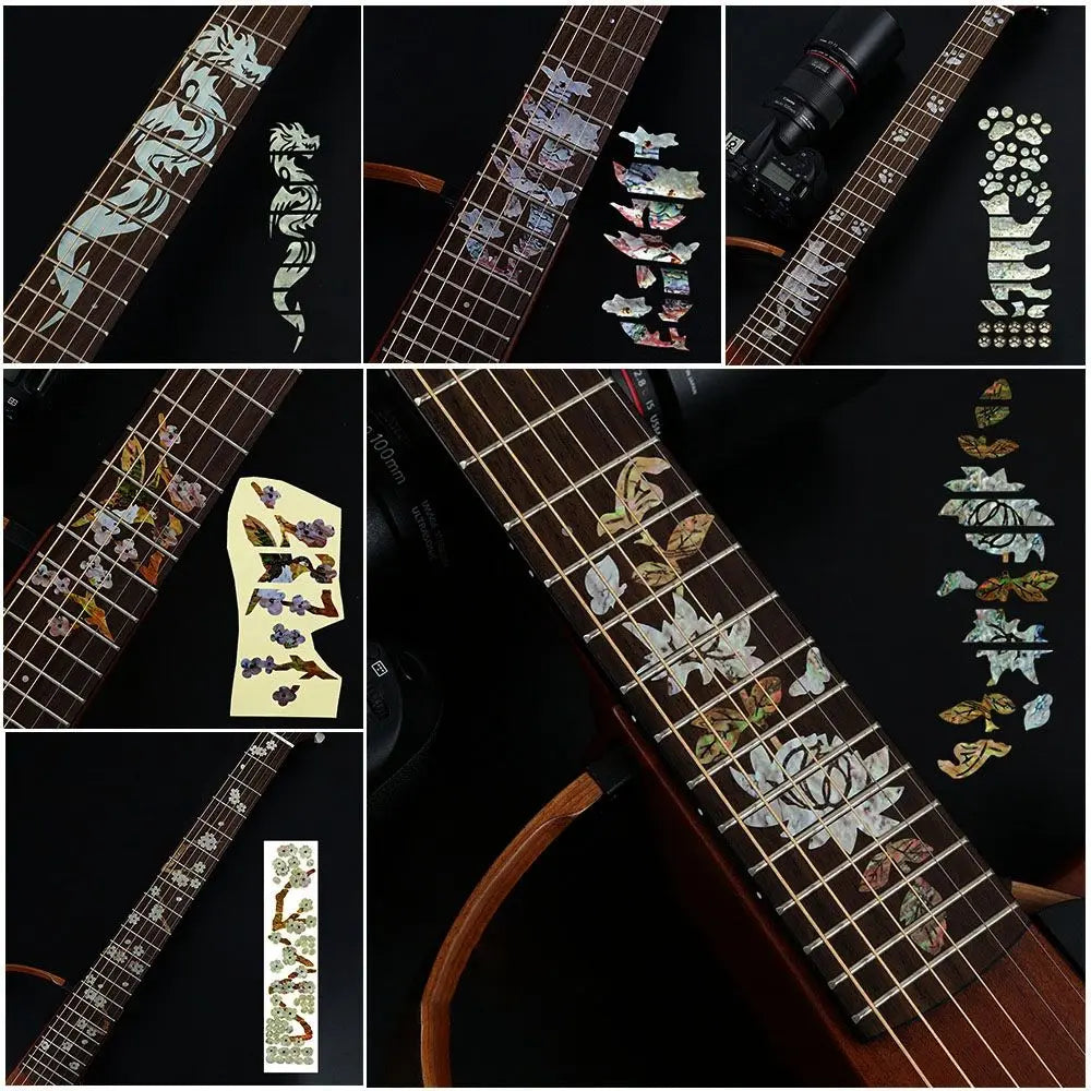 Iridescent mother-of-pearl electric guitar parts fretboard sticker guitarra with intricate dragon floral and leaf stickers cross inlay designs