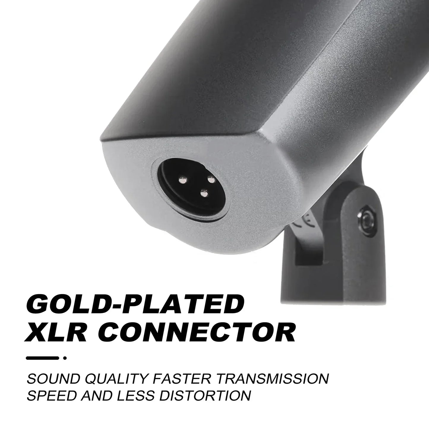 Black cylindrical microphone e608 with gold-plated xlr connector for wired drum mic kit use in band and stage settings