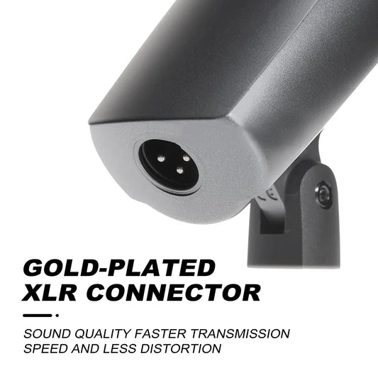 Black cylindrical microphone e608 with gold-plated xlr connector for wired drum mic kit use in band and stage settings