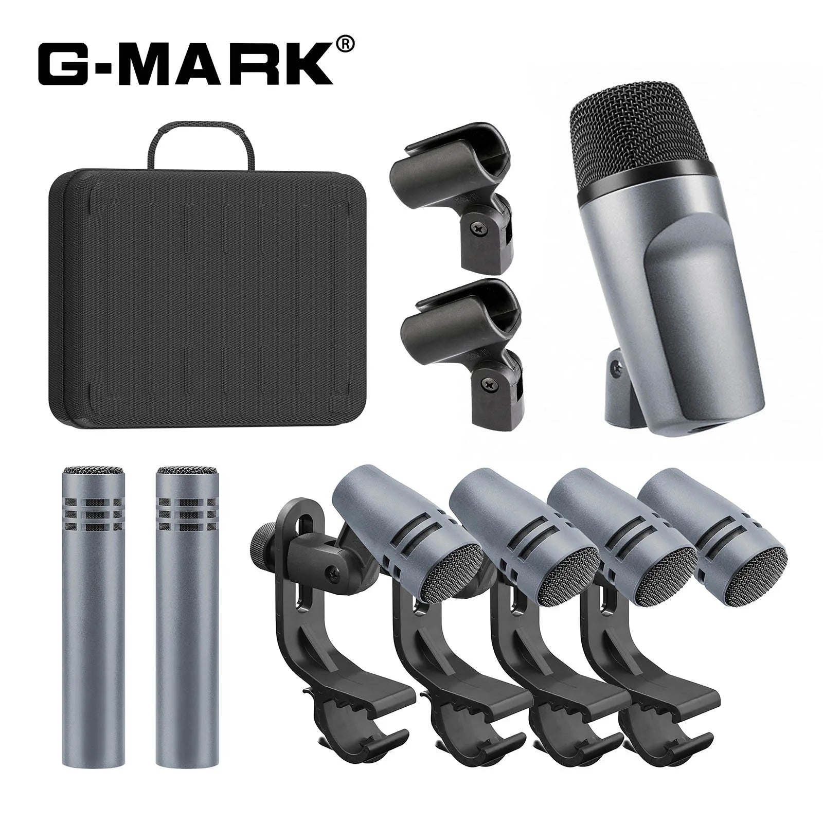G-mark microphone e608 7-piece wired drum mic kit with silver condenser and gray studio mics in black case for drums and vocals