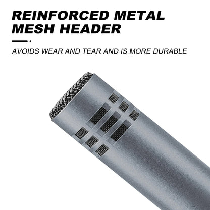 Silver microphone e608 with reinforced metal mesh header and black grille in wired drum mic kit for drums and vocals use