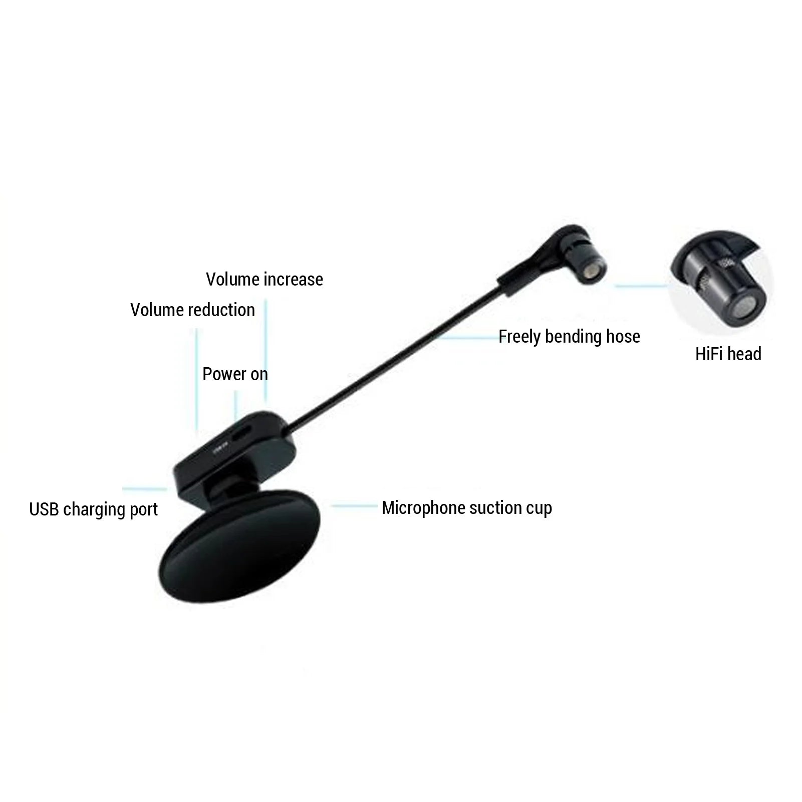 Black wireless instrument pickup microphone system with double shielded noise reduction and adjustable bending hose for violin