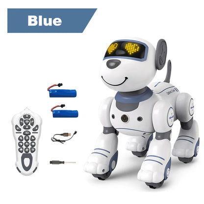 White and blue intelligent remote control robot dog with glowing yellow heart-shaped eyes and voice command programmable features
