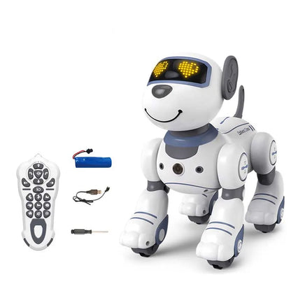 White and gray robot dog with glowing yellow heart eyes featuring intelligent remote control and voice command programmable functions