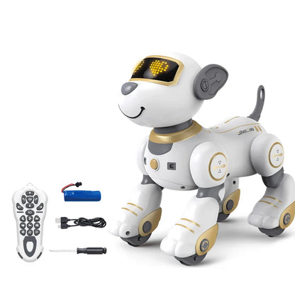White and gold robot dog with led-lit eyes, sleek plastic body, wheeled feet, intelligent remote control and voice command programmable features