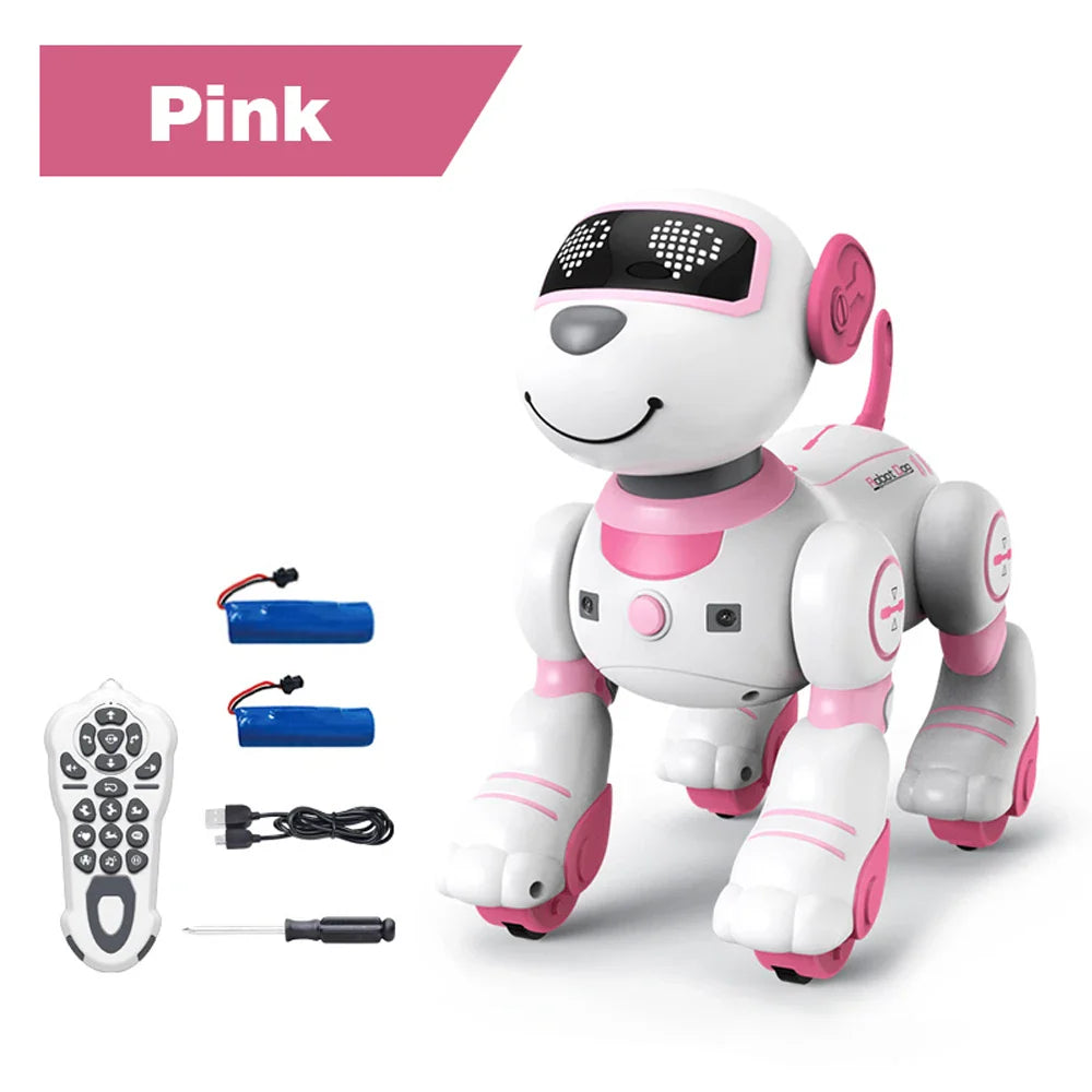 Pink and white robot dog toy with pink accents featuring intelligent remote control and voice command programmable functions