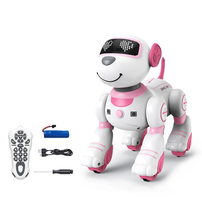 A white and pink robot dog with black led eyes and articulated limbs featuring intelligent remote control and voice command