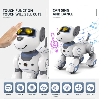 Intelligent remote control robot dog toy in white and blue with led eyes lighting up in heart pattern for voice command programming