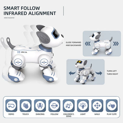 White and blue robot dog toy with sleek limbs featuring intelligent remote control and voice command programmable functions