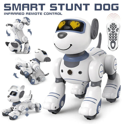 White and blue robot dog with glowing yellow eyes featuring intelligent remote control and voice command programmable design