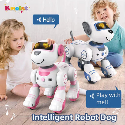 White and pink robot dog with led eyes by kmoist featuring intelligent remote control and voice command programmable functions