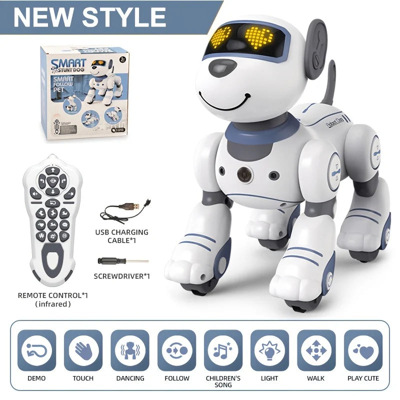 White and gray intelligent robot dog with led heart-shaped eyes designed as a follow smart interactive stunt music toy