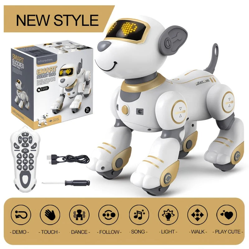 White and gold intelligent robot dog with led eyes designed as a follow smart interactive stunt music toy for kids