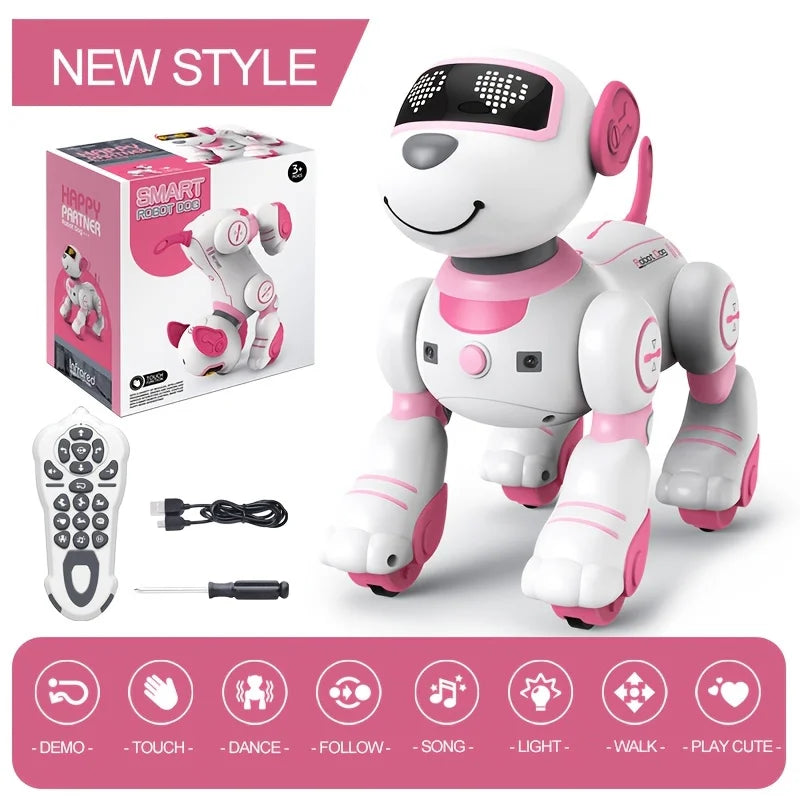 Pink and white intelligent robot dog toy with led eyes for follow smart interactive stunt music play and programmable fun