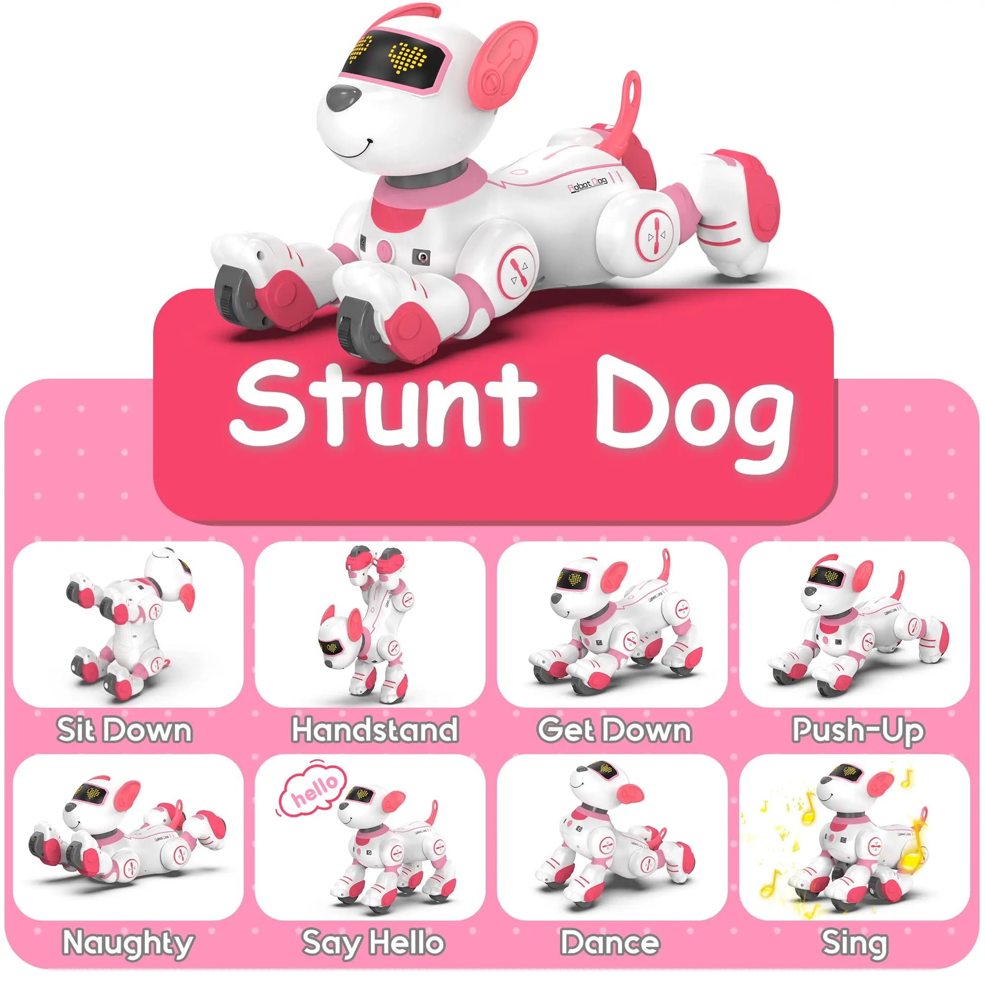 White and pink intelligent robot dog with black digital eyes and sleek plastic body for interactive stunt music play
