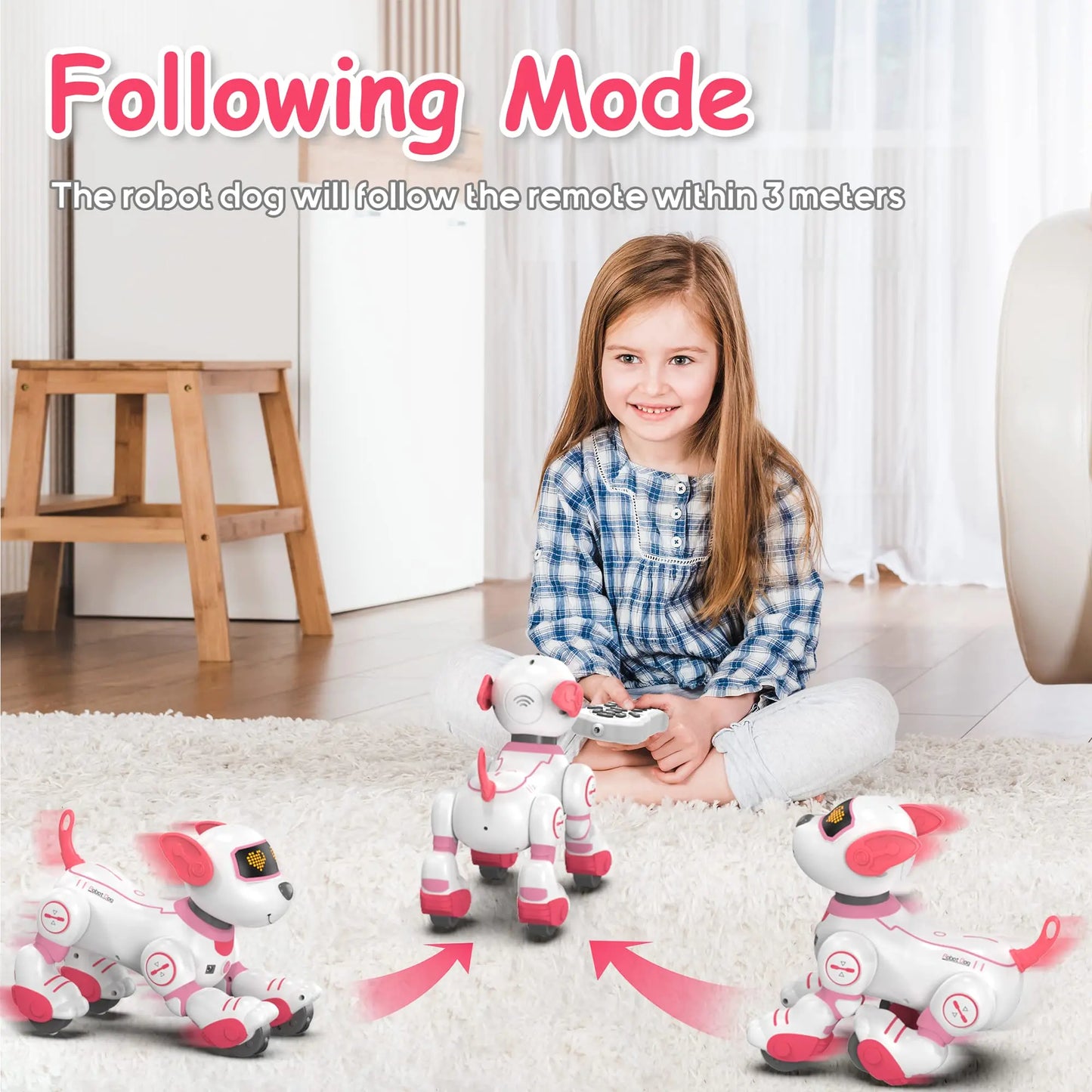 White and pink intelligent robot dog with red accents designed for interactive stunt music and follow smart interactive play