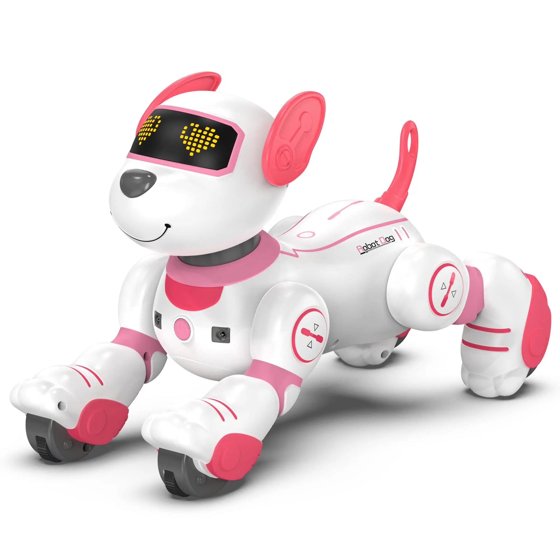 A white and pink intelligent robot dog with glowing heart-shaped eyes and circular control buttons for interactive stunt music and follow smart interactive play