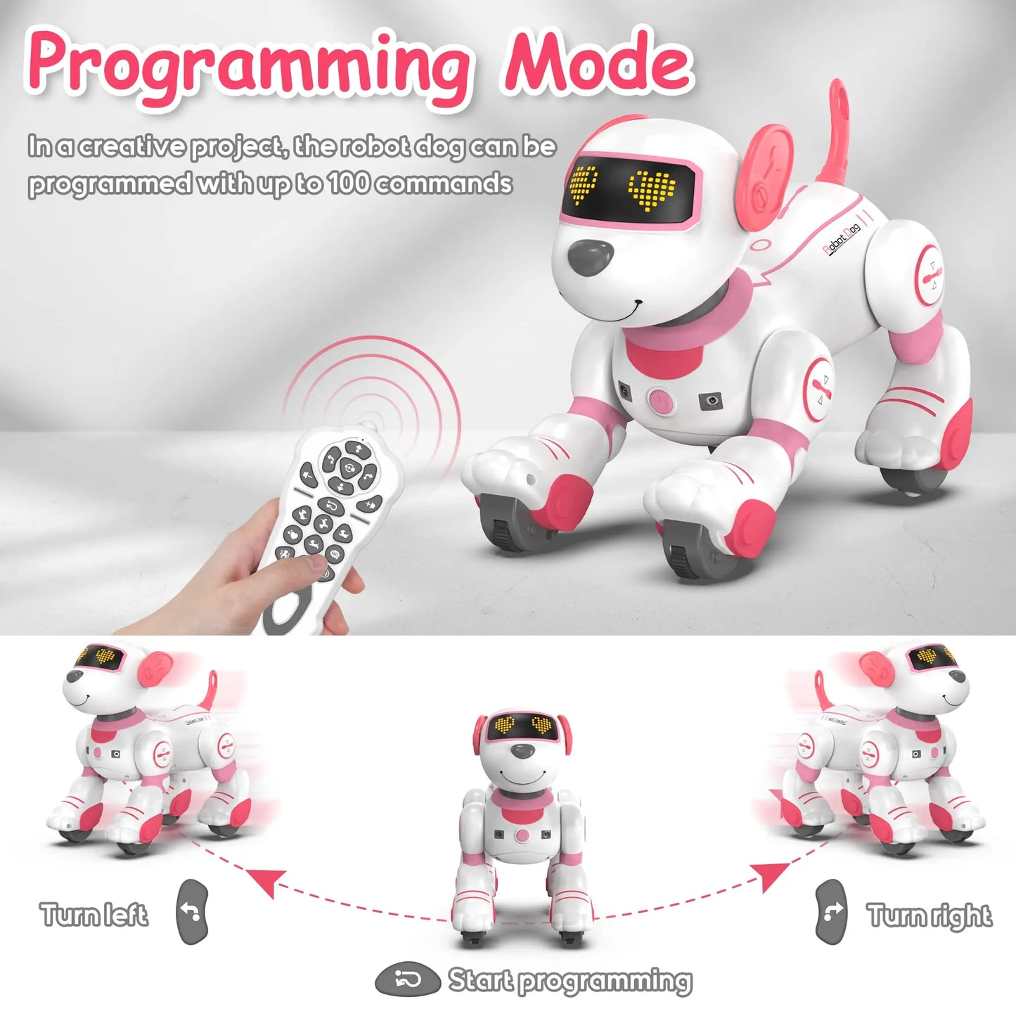 White and pink intelligent robot dog with led heart eyes designed for interactive stunt music and follow smart interactive play