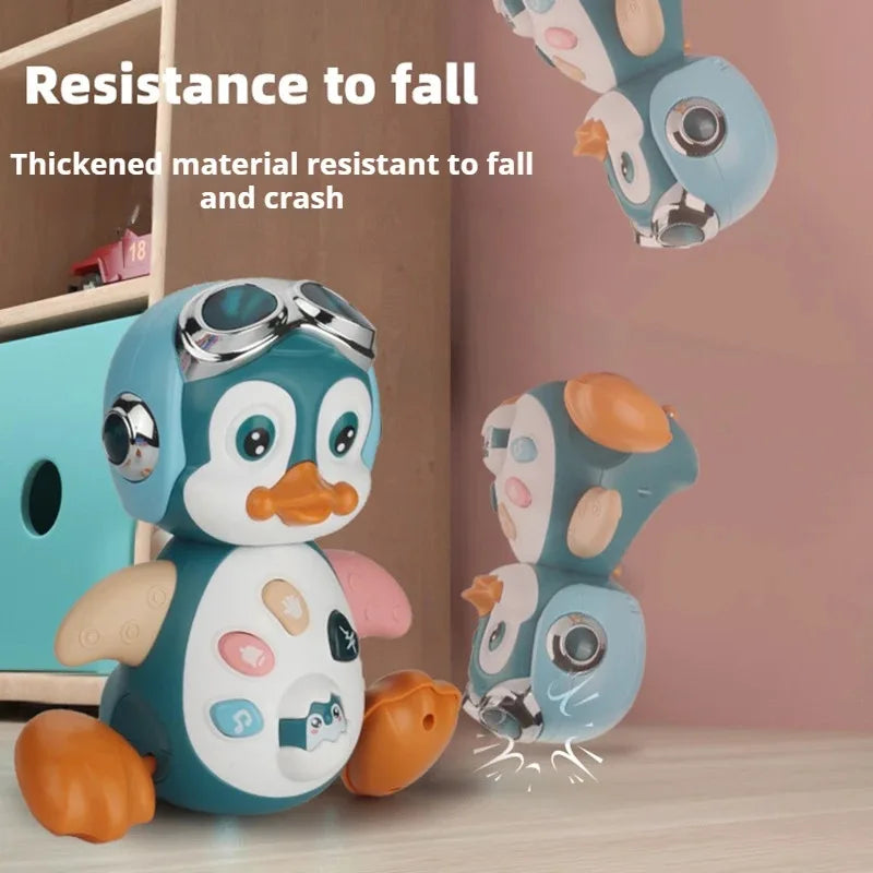 Interactive walking penguin toy in blue and white with orange feet, goggles, colorful buttons, and lights encourages crawling