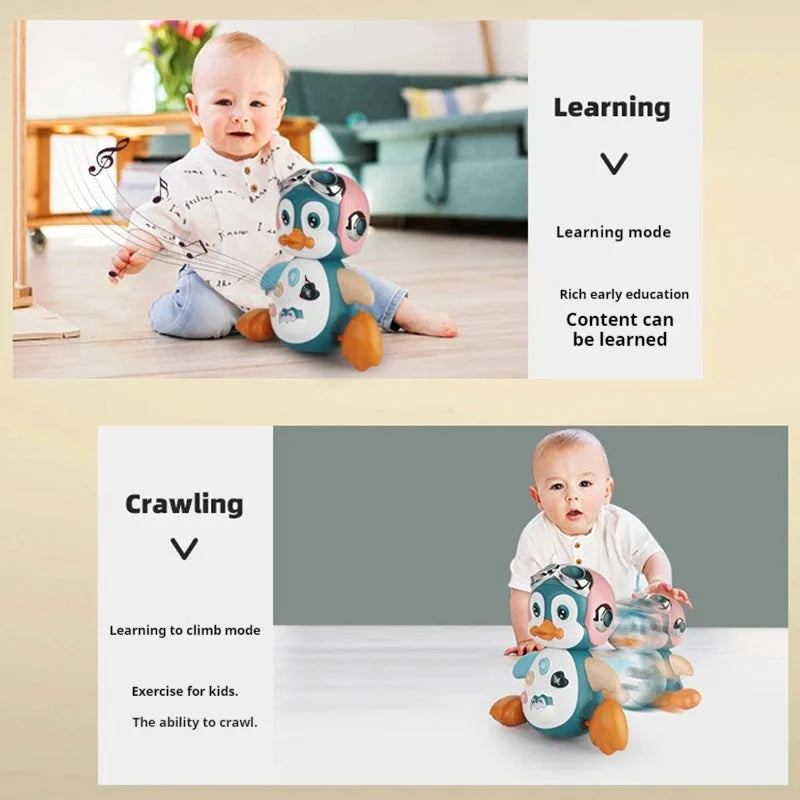 A plush interactive walking penguin toy with teal and pink accents, orange feet, dancing lights encourages crawling