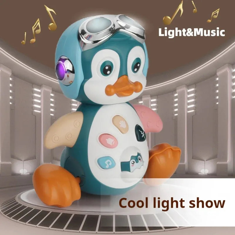 Teal and white interactive walking penguin toy with silver goggles and colorful buttons features lights encourages crawling