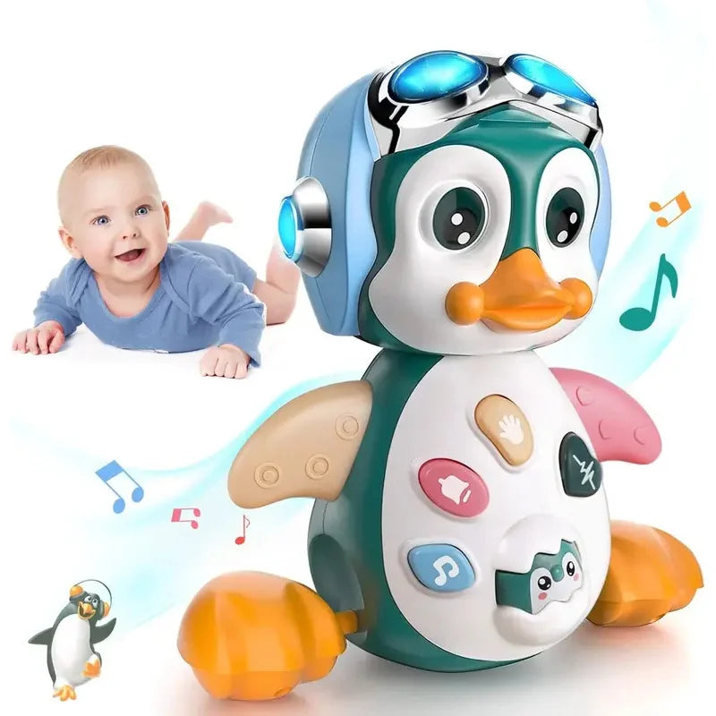 Teal and white interactive walking penguin toy with blue goggles orange beak feet and colorful belly buttons with lights encourages crawling