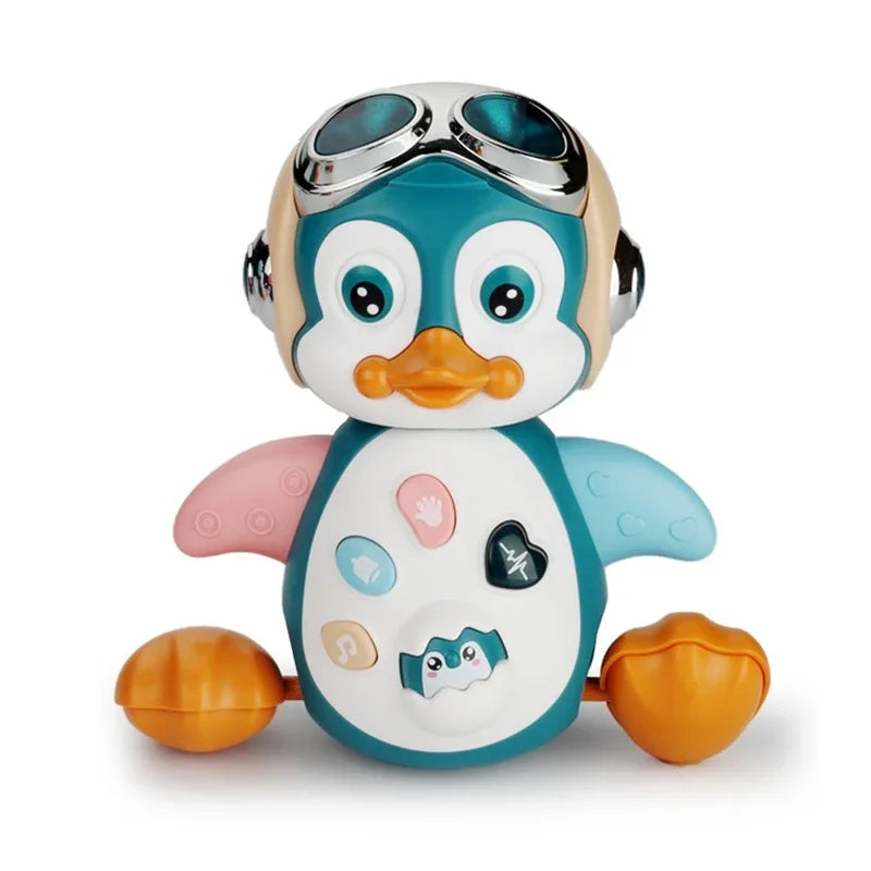 Teal and white interactive walking penguin toy with pilot helmet and colorful buttons features lights encourages crawling