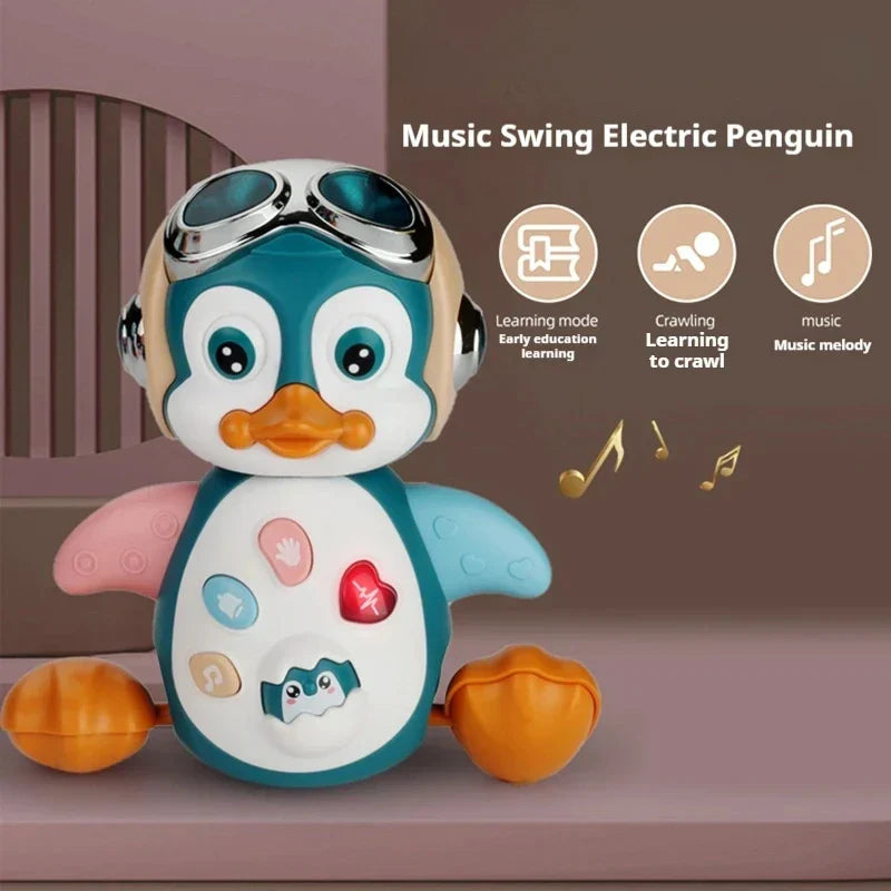 Teal and white interactive walking penguin toy with silver goggles and colorful buttons lights encourages crawling