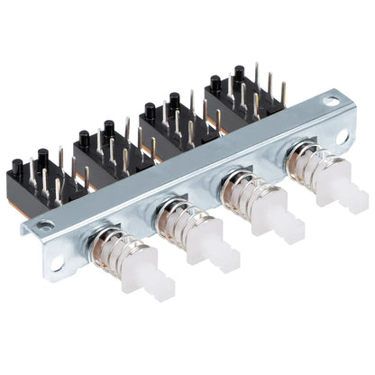 Silver metal interlock push button switch panel with four black rectangular piano type dpdt buttons and white actuators