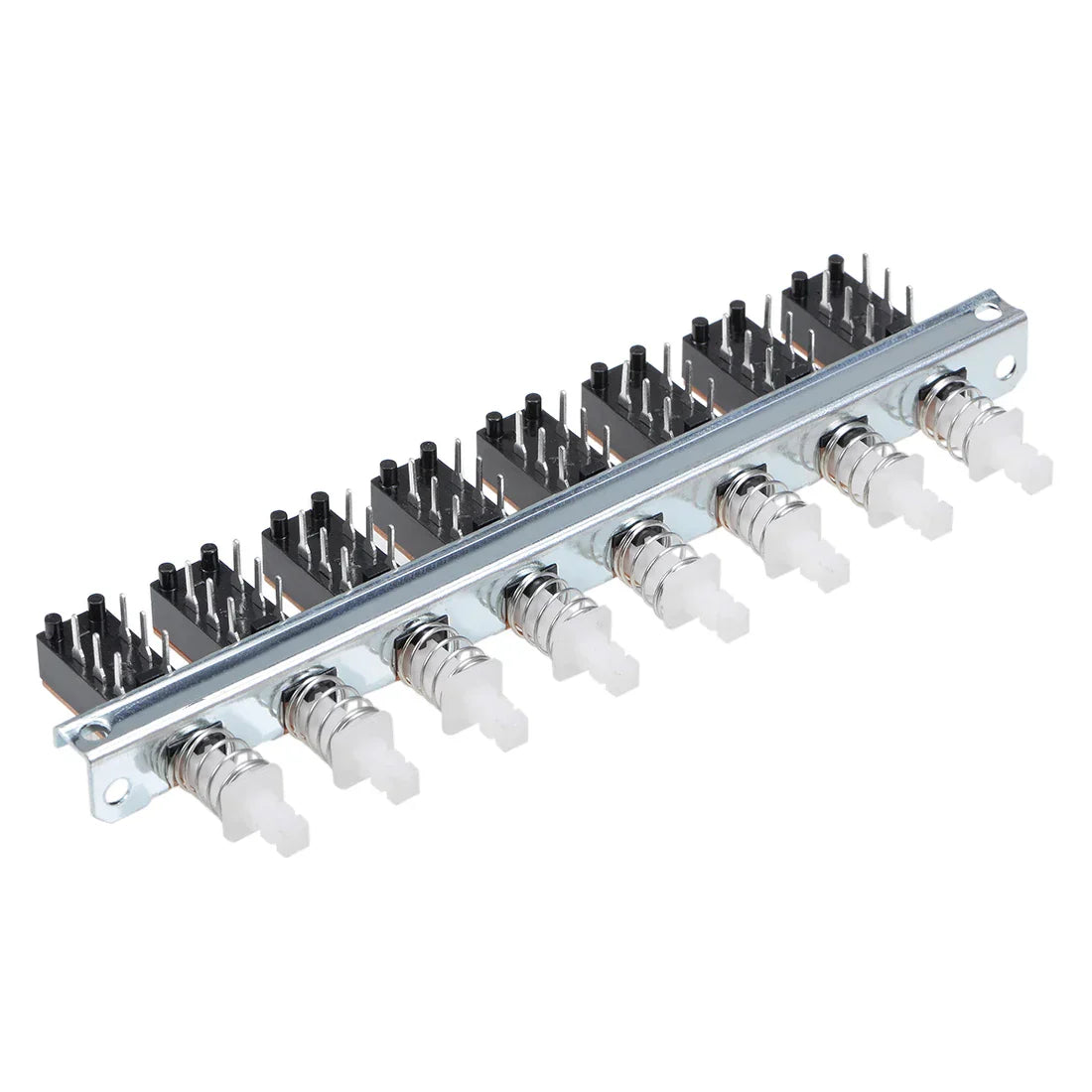 Silver metal interlock push button switch panel with ten black piano type dpdt rectangular switches with white knobs