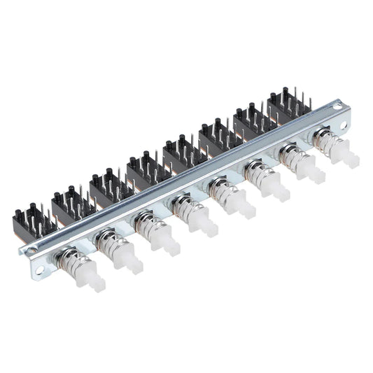 Silver metal interlock push button switch panel with ten black piano type dpdt rectangular switches with white knobs