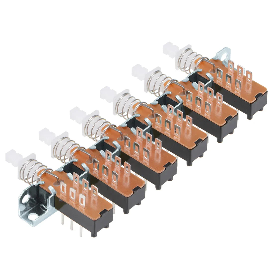 Black and copper-colored interlock push button switch piano type dpdt with white plastic levers for electronic products